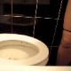 A girl is video-recorded as she takes an explosive, runny shit while sitting on a toilet. No poop action visible, but we can see the splatter spots in the toilet bowl.